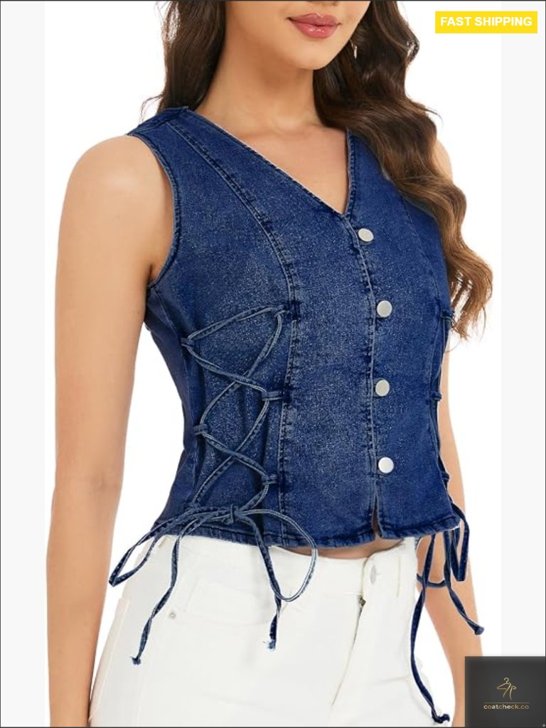 Lace Up Denim Vest Sleeveless V Neck Button Down Y2k Streetwear Crop Top Casual